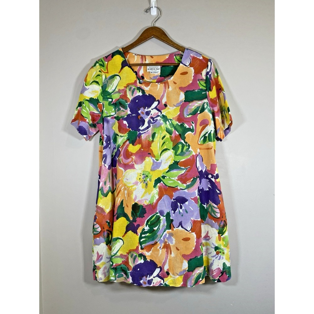 Brownstone Studio‎ NY Dress MEDIUM Vtg Colorful Floral Linen Blend Shift Pockets